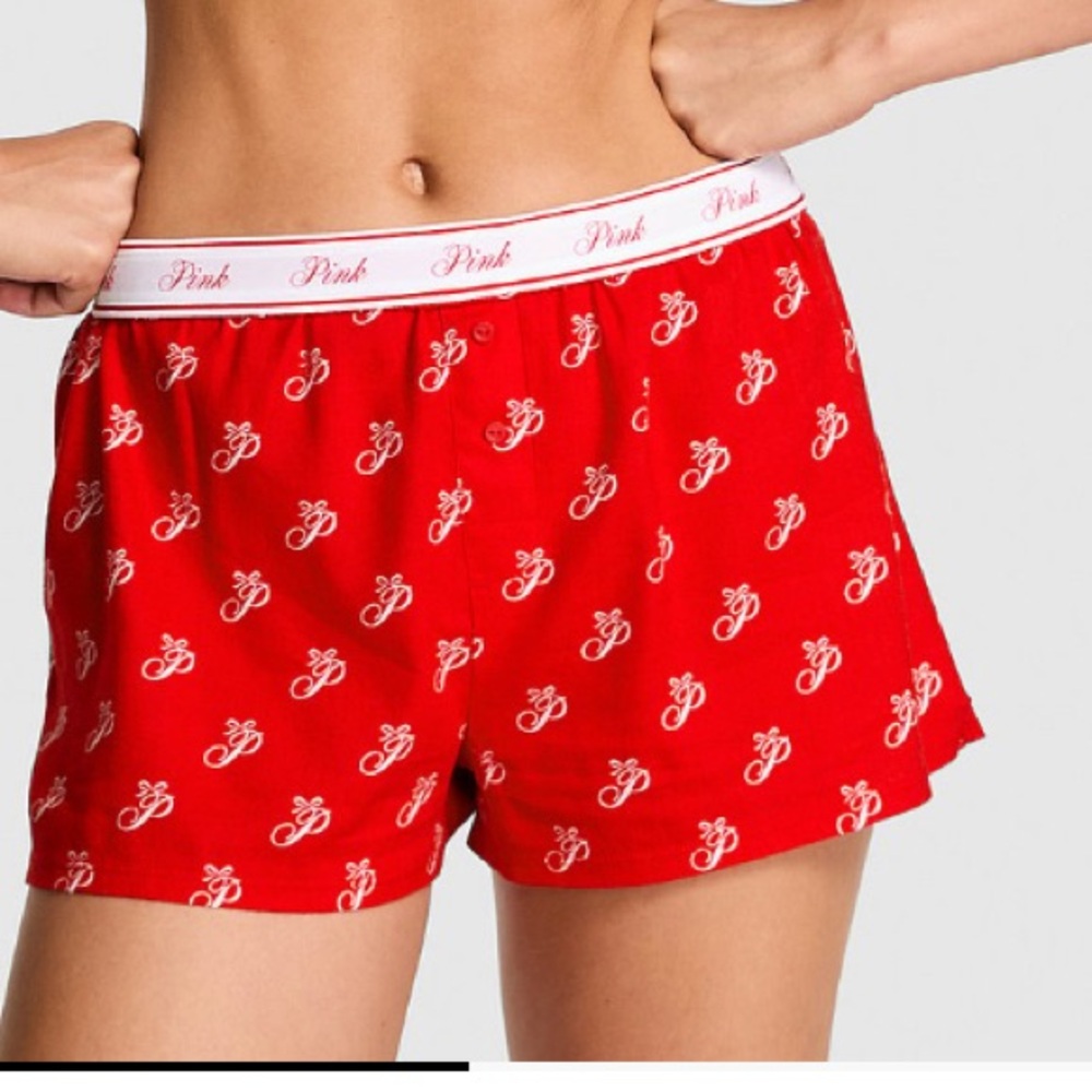 Victoria Secret PINK Red P logo print fold over pajama shorts
